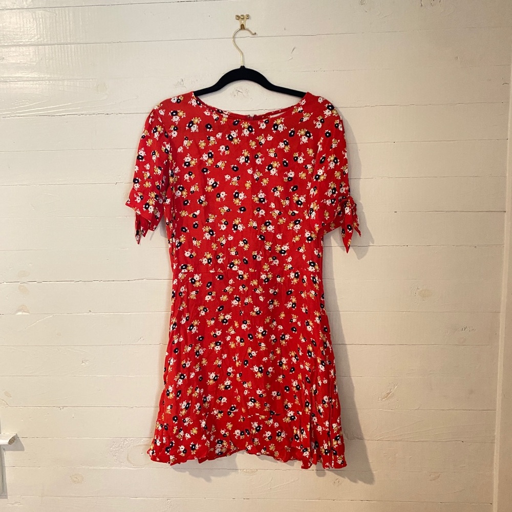 Faithfull the Brand Red Floral Tie-Sleeve Dress